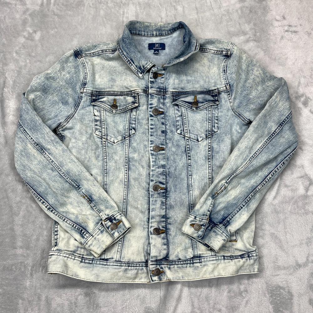 George Trucker Jacket Mens Medium Blue Denim Acid Wash Long Sleeve Button‎ Front